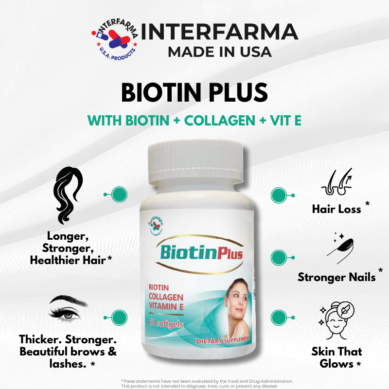 Biozin Plus Biotin Plus Collagen & Vitamin E soft gels – Interfarma USA